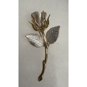Vintage Long Stem Rose Brooch Pin Estate Jewelry Gold & Silver Tone 2.25"